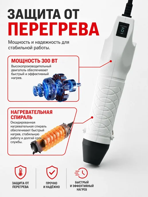 Мини-фен технический, термофен с 2 режимами температуры, черный, фото 3