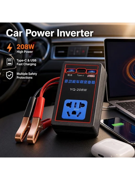 Автомобильный инвертор 12 24В на 110 220В, USB, вариант, фото 3